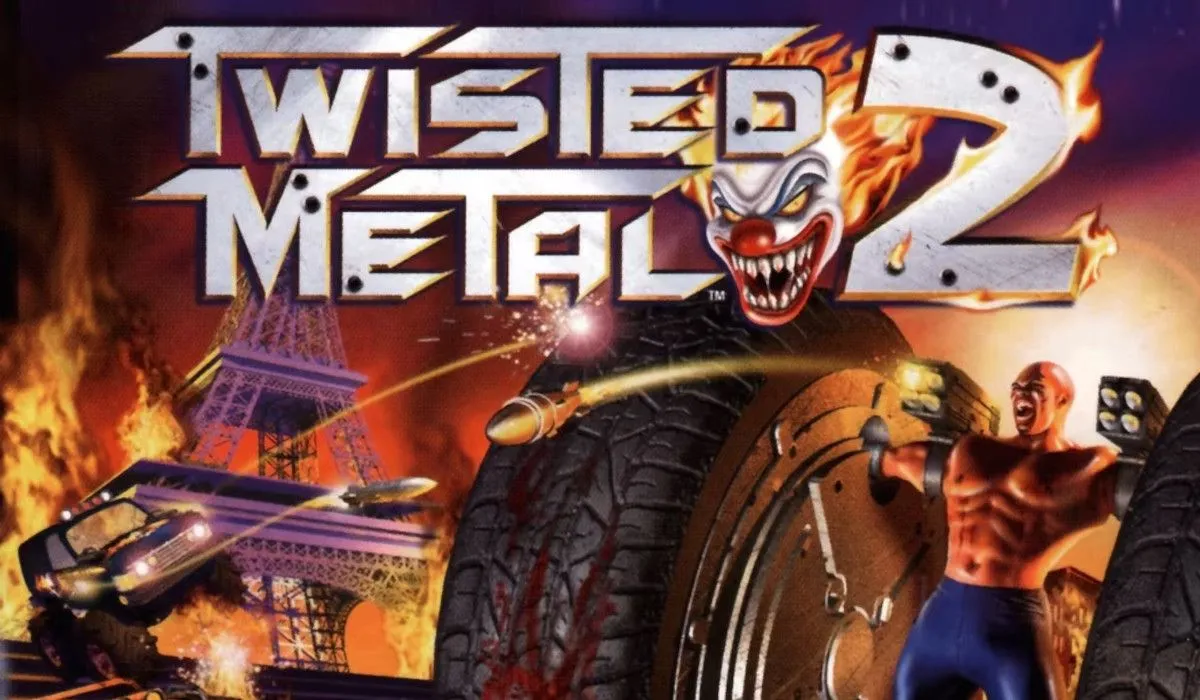 Bìa đĩa game Twisted Metal 2 với cảnh xe chiến đấu khốc liệt