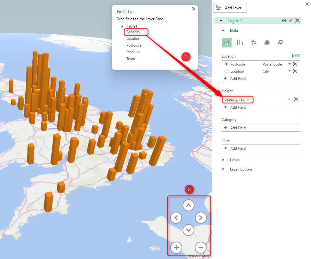 Biến Capacity được thêm vào trường Height của Layer Pane trong 3D Map của Excel, và các mũi tên điều hướng được tô sáng.