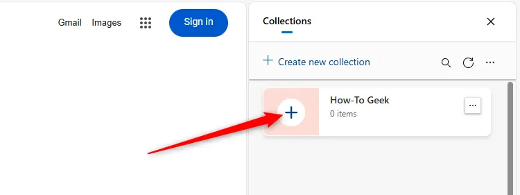 Biểu tượng dấu cộng trong một Bộ sưu tập Microsoft Edge cho phép người dùng thêm trang web hiện tại vào Bộ sưu tập đó.