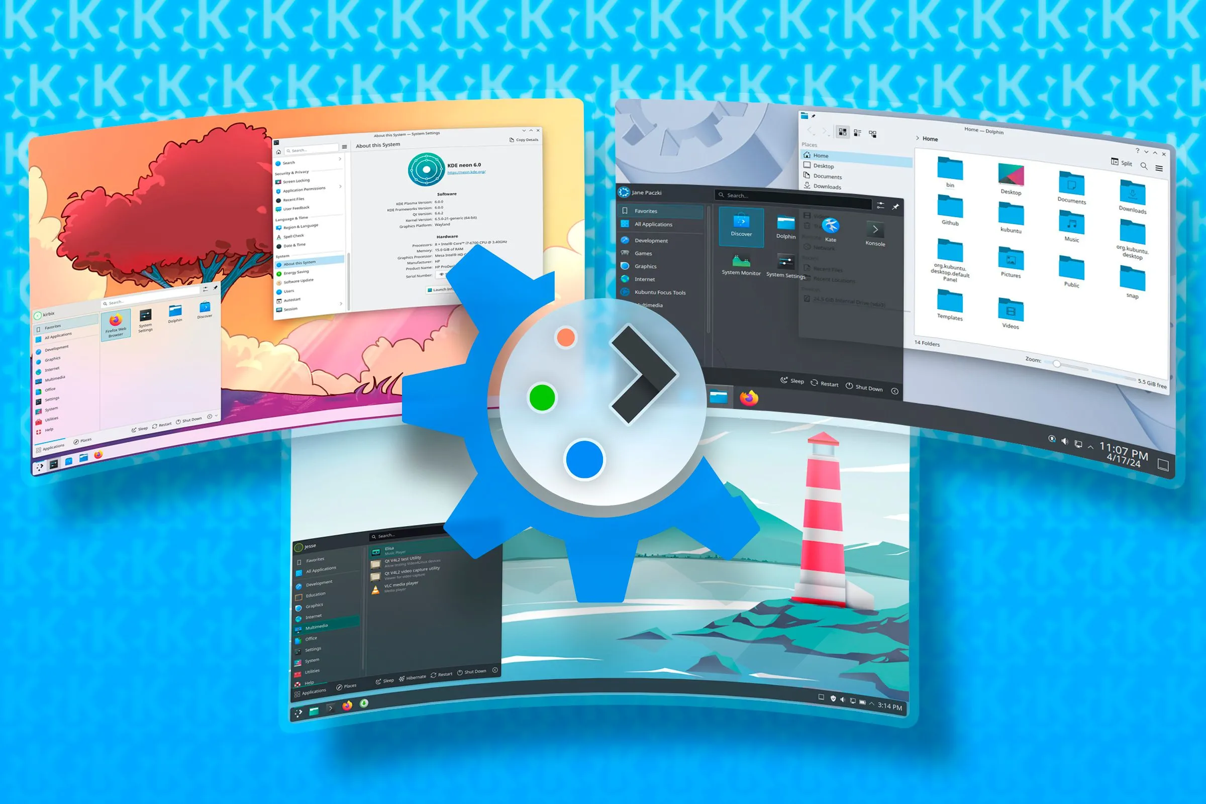 Biểu tượng KDE Plasma nổi bật trên nền giao diện các bản phân phối Linux sử dụng môi trường desktop này