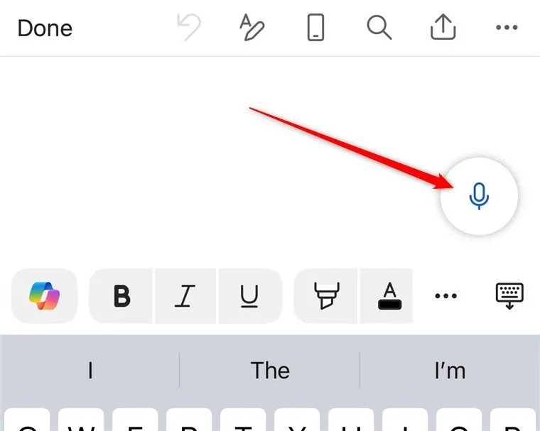 Biểu tượng micro trong ứng dụng Microsoft Word trên iOS, có hình dáng tương tự micro dynamic cổ điển, đại diện cho chức năng ghi âm giọng nói