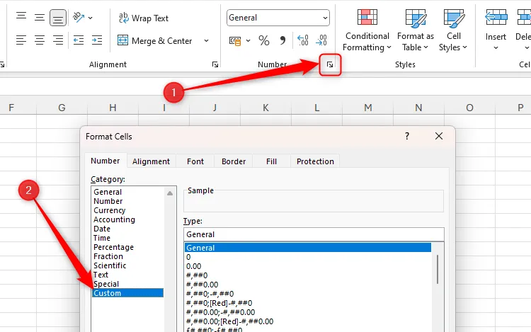 Biểu tượng mở hộp thoại Định dạng số trong Excel được làm nổi bật, và định dạng số Tùy chỉnh trong hộp thoại Định dạng ô được chọn.