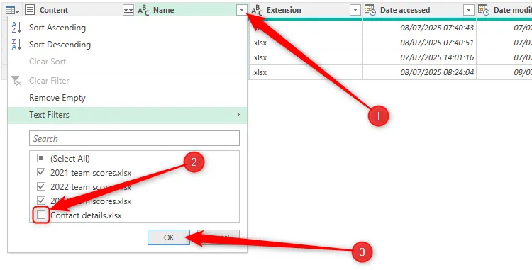 Bỏ chọn tệp &quot;Contact Details&quot; trong cột Name của Power Query Editor để loại trừ khỏi quá trình gộp dữ liệu Excel.