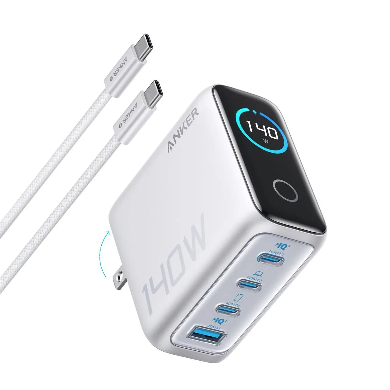 Bộ sạc Anker 140W màu bạc với màn hình hiển thị thông tin sạc