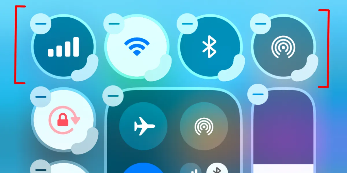 Bốn tùy chọn kết nối chính (dữ liệu di động, Wi-Fi, Bluetooth, chế độ máy bay) được sắp xếp ở đầu Control Center iOS 18