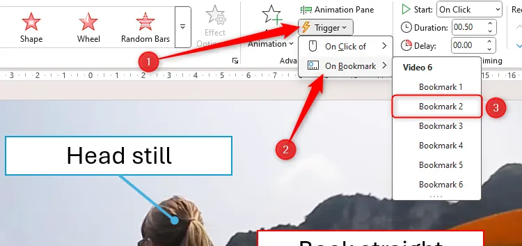 Bookmark 2 được chọn trong menu thả xuống Kích hoạt hiệu ứng (Animation Trigger) của PowerPoint