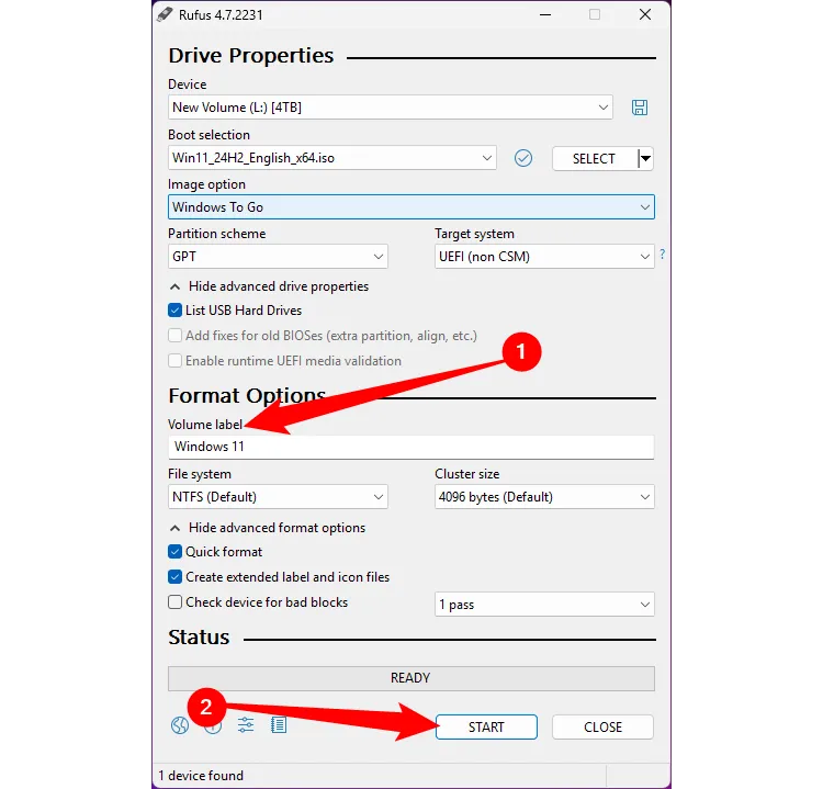 Bước cuối cùng để tùy chỉnh và tạo USB Windows di động với Rufus