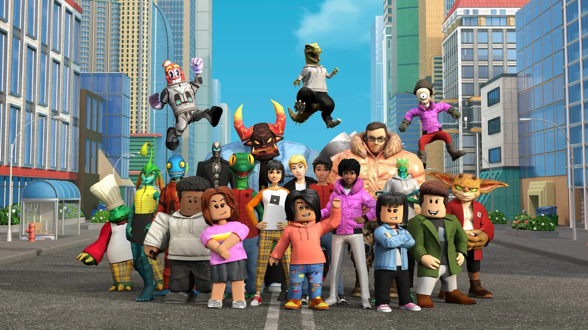 Các avatar người chơi Roblox đứng cạnh nhau trong thế giới game thế giới mở