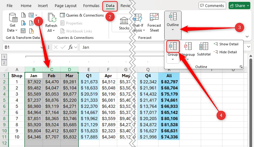 Các cột từ B đến D trong Excel được chọn, và nút Group trong tab Data trên thanh ribbon được làm nổi bật.