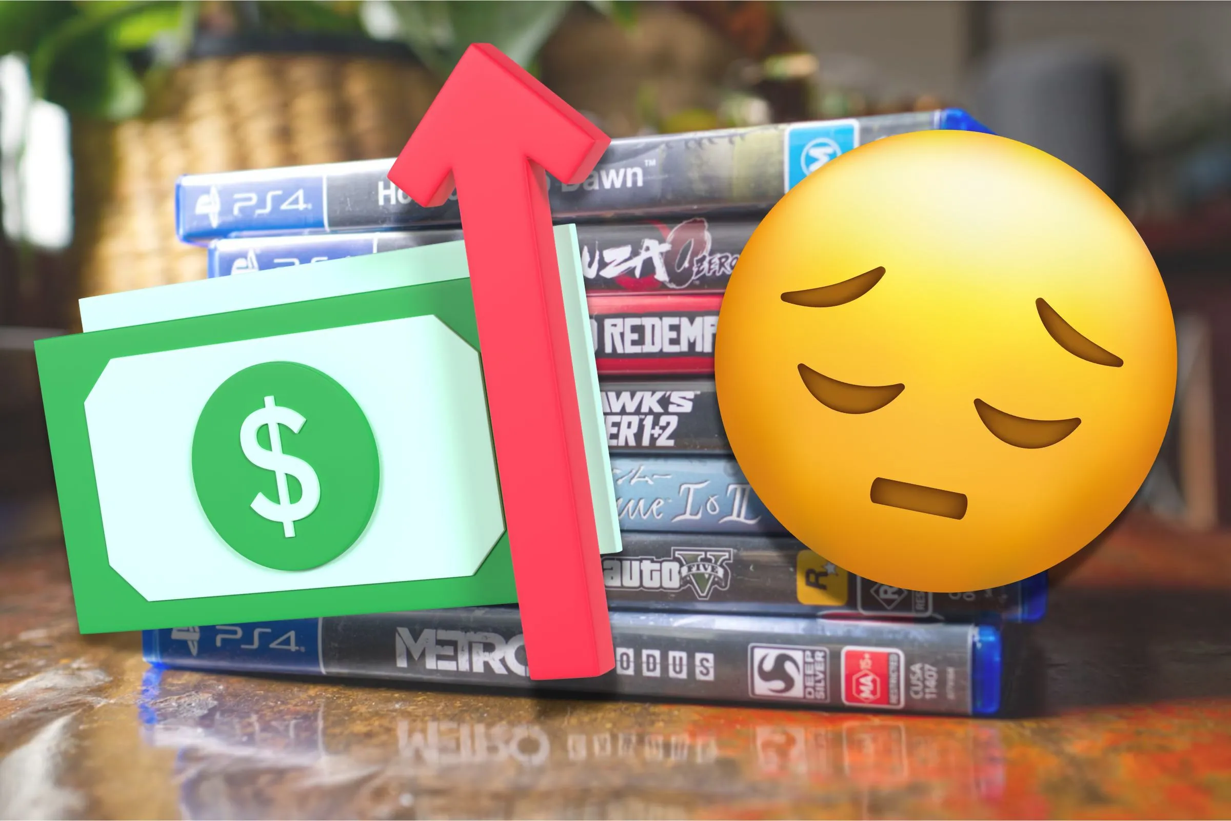 Các đĩa game PS4 xếp chồng lên nhau với biểu tượng lạm phát, minh họa chi phí tăng cao của game vật lý