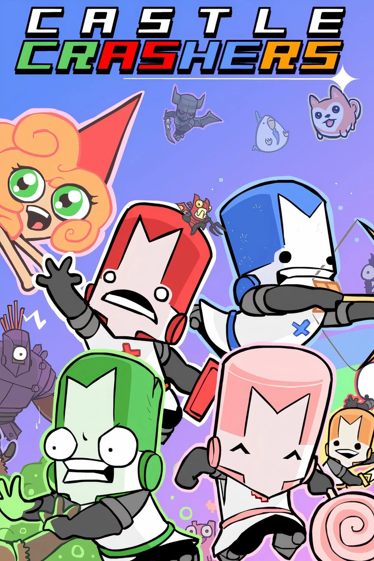 Các hiệp sĩ đang chiến đấu trong Castle Crashers, một game hành động chặt chém 2D kinh điển với đồ họa hoạt hình và lối chơi co-op cuốn hút.