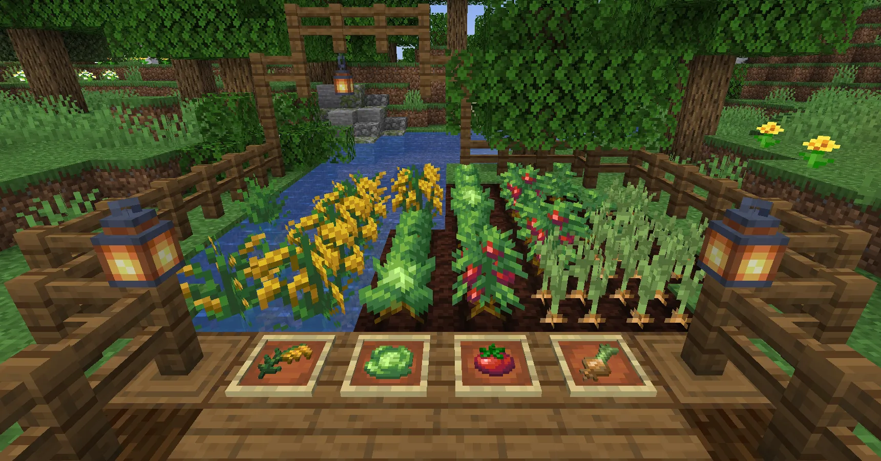 Các loại cây trồng cơ bản và vật phẩm mới được thêm vào từ mod Farmer's Delight trong Minecraft, tăng cường trải nghiệm nông nghiệp