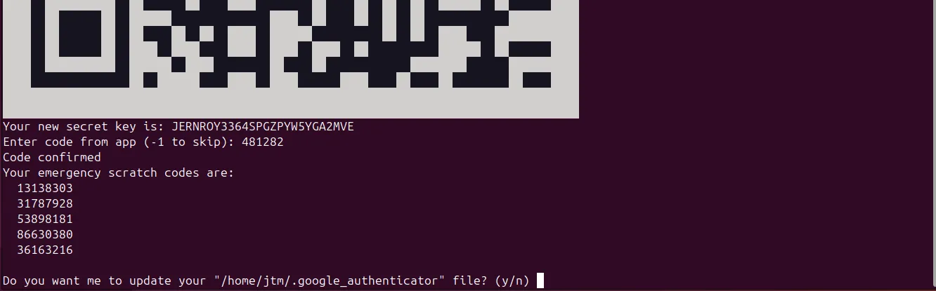 Các mã dự phòng khẩn cấp (scratch codes) của Google Authenticator hiển thị trên terminal Ubuntu, dùng để đăng nhập khi mất thiết bị 2FA.