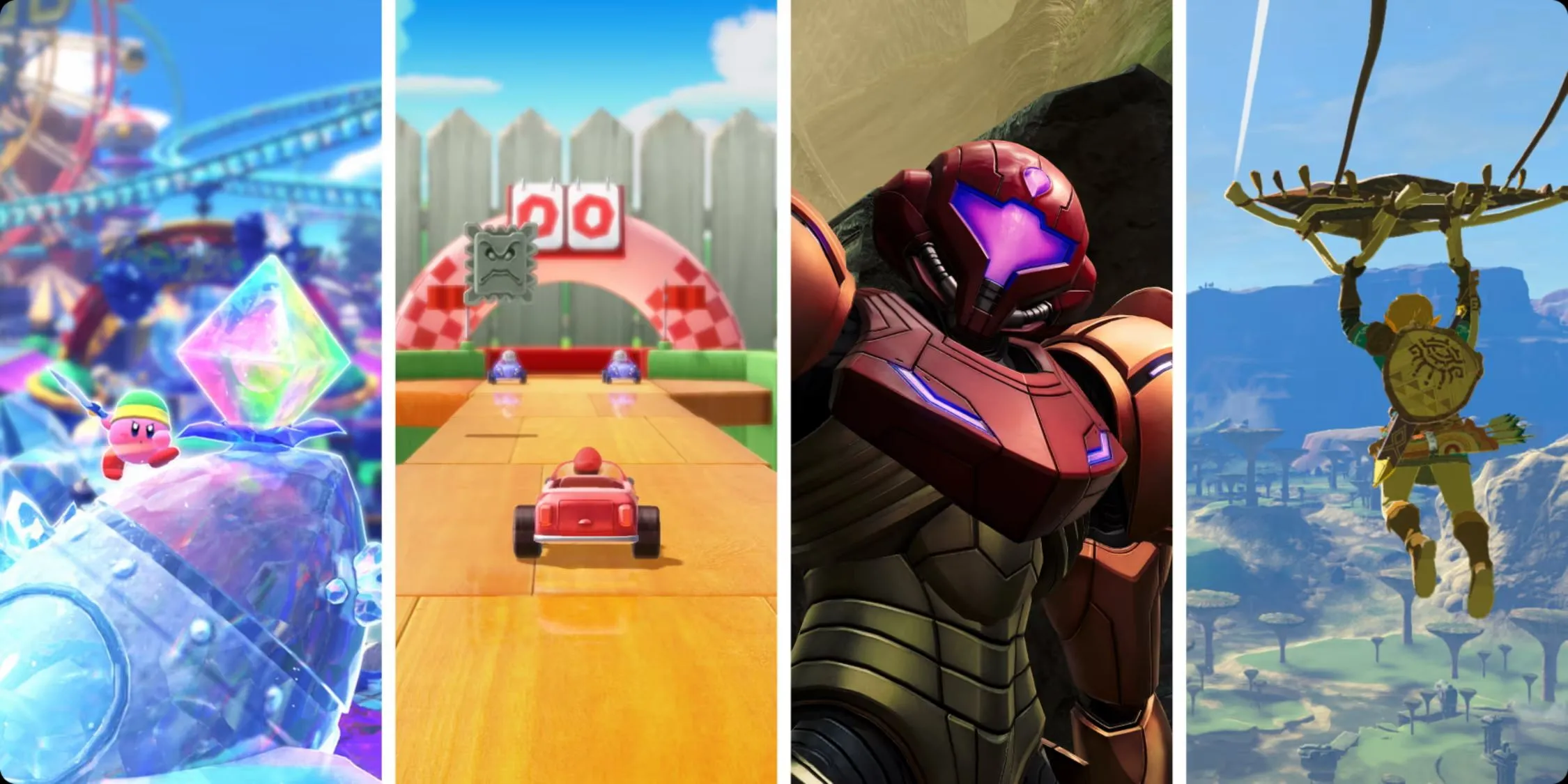 Các phiên bản Switch 2 Edition của Kirby, Mario Party, Metroid và Zelda trên hộp game vật lý.