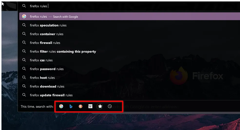 Các tùy chọn công cụ tìm kiếm khác nhau trên Omnibar của Firefox, bao gồm Wikipedia, Bing và DuckDuckGo