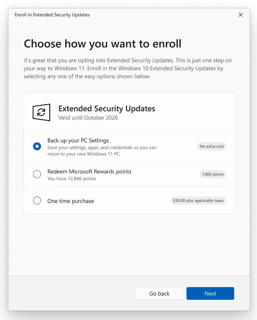 Các tùy chọn đăng ký chương trình Extended Security Updates (ESU) cho Windows 10 được hiển thị trong cài đặt hệ thống.