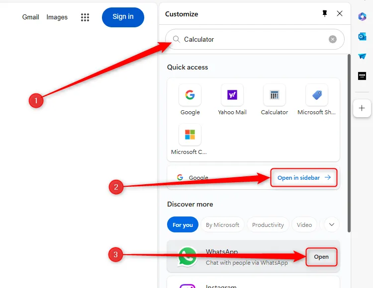 Các tùy chọn để tùy chỉnh thanh bên của Microsoft Edge được làm nổi bật.