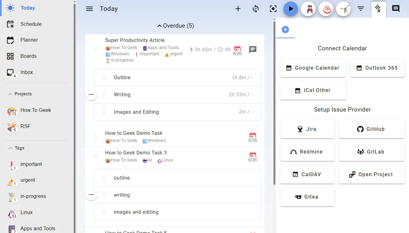 Các tùy chọn tích hợp với bên thứ ba của Super Productivity, bao gồm Google Calendar và Jira