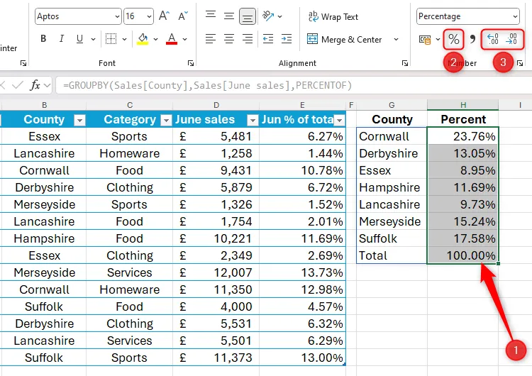 Cách định dạng cột dữ liệu phần trăm sau khi sử dụng GROUPBY và PERCENTOF trong Excel.