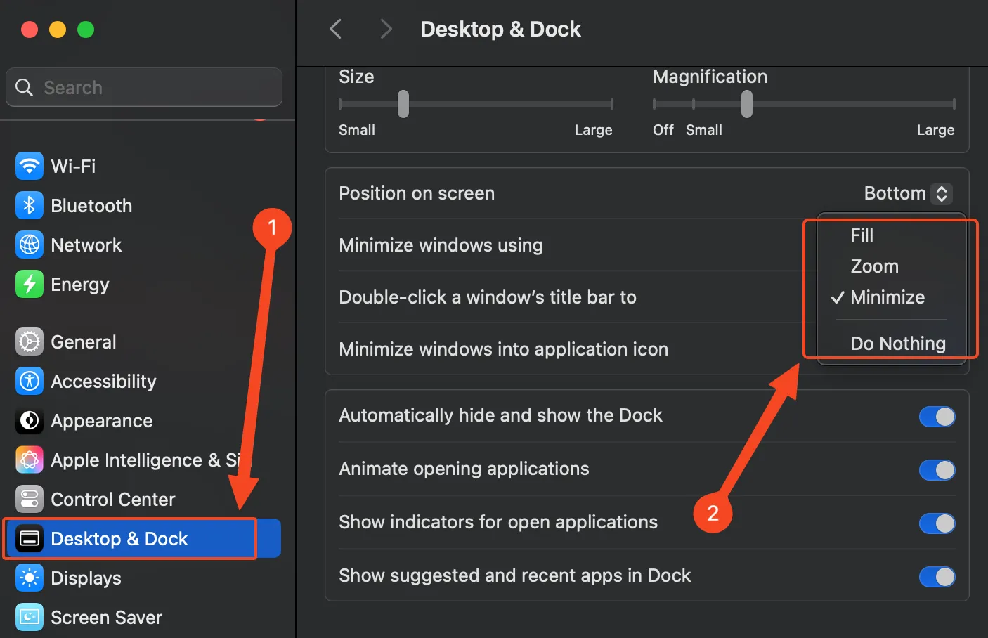 Cài đặt Màn hình nền &amp; Dock trên macOS, cho phép bật thu nhỏ cửa sổ bằng cách nhấp đúp thanh tiêu đề.