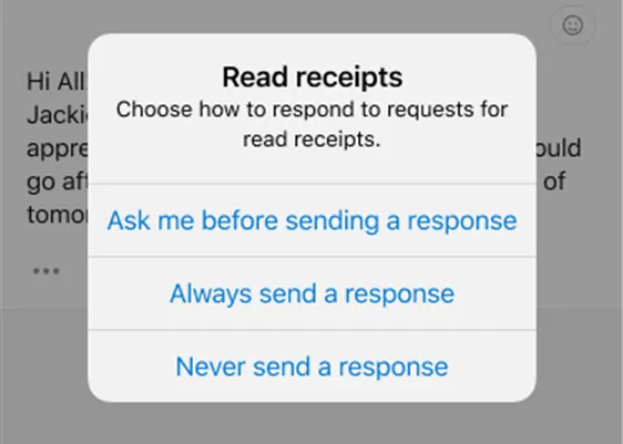 Cài đặt quản lý phản hồi yêu cầu xác nhận đã đọc trong ứng dụng Outlook Mobile.
