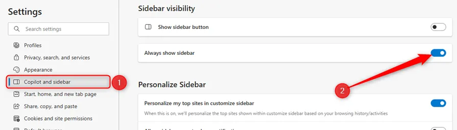 Cài đặt tab Copilot và Thanh bên trong Microsoft Edge đang mở, công tắc Luôn hiển thị thanh bên được bật.