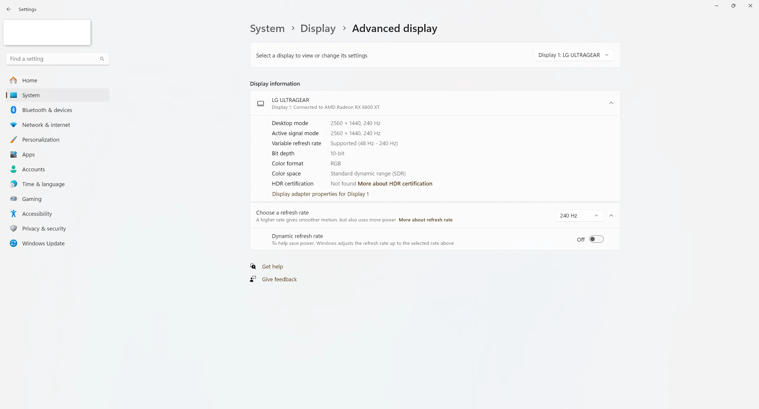 Cài đặt tần số quét màn hình (Refresh rate) trong Windows 11, hiển thị các tùy chọn tần số làm mới cho màn hình gaming.