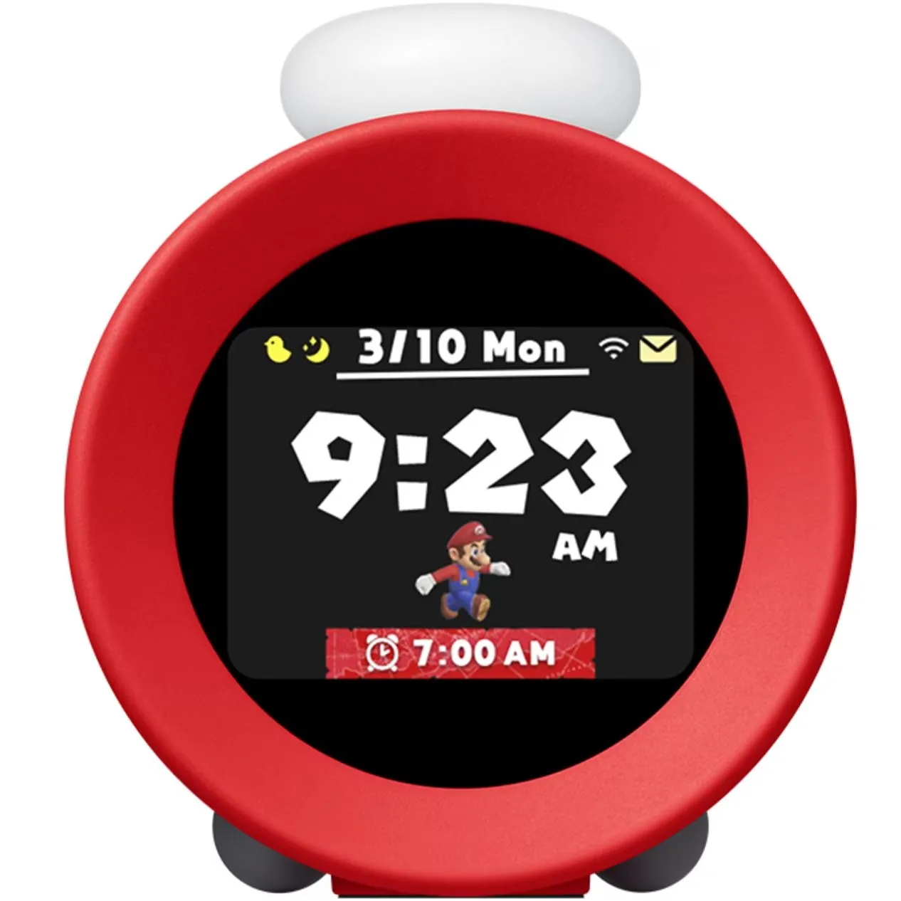 Cận cảnh mặt trước đồng hồ Nintendo Alarmo với chủ đề Mario