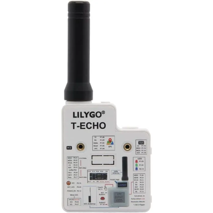 Cận cảnh thiết bị radio Lilygo T-Echo LoRa với màn hình e-paper và ăng-ten gắn ngoài.