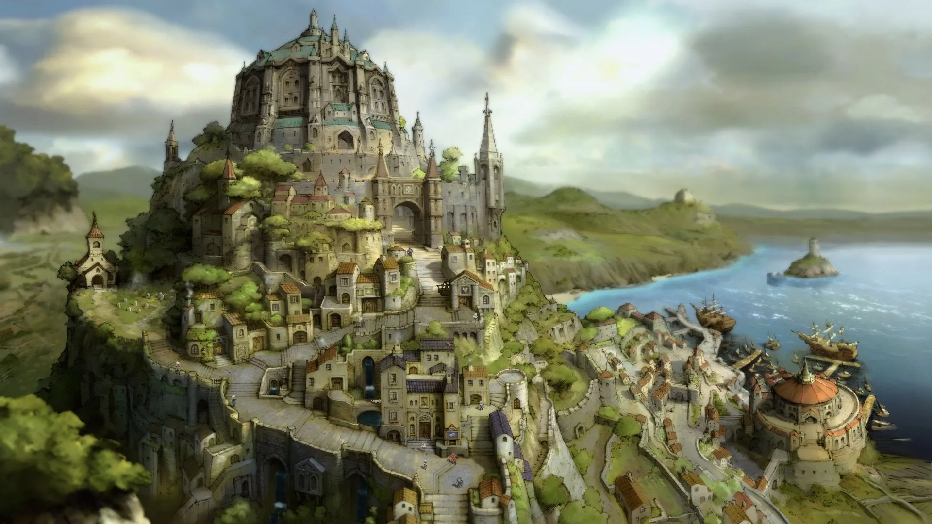 Cảnh đối thoại giữa các thành viên trong nhóm phiêu lưu của Bravely Default.