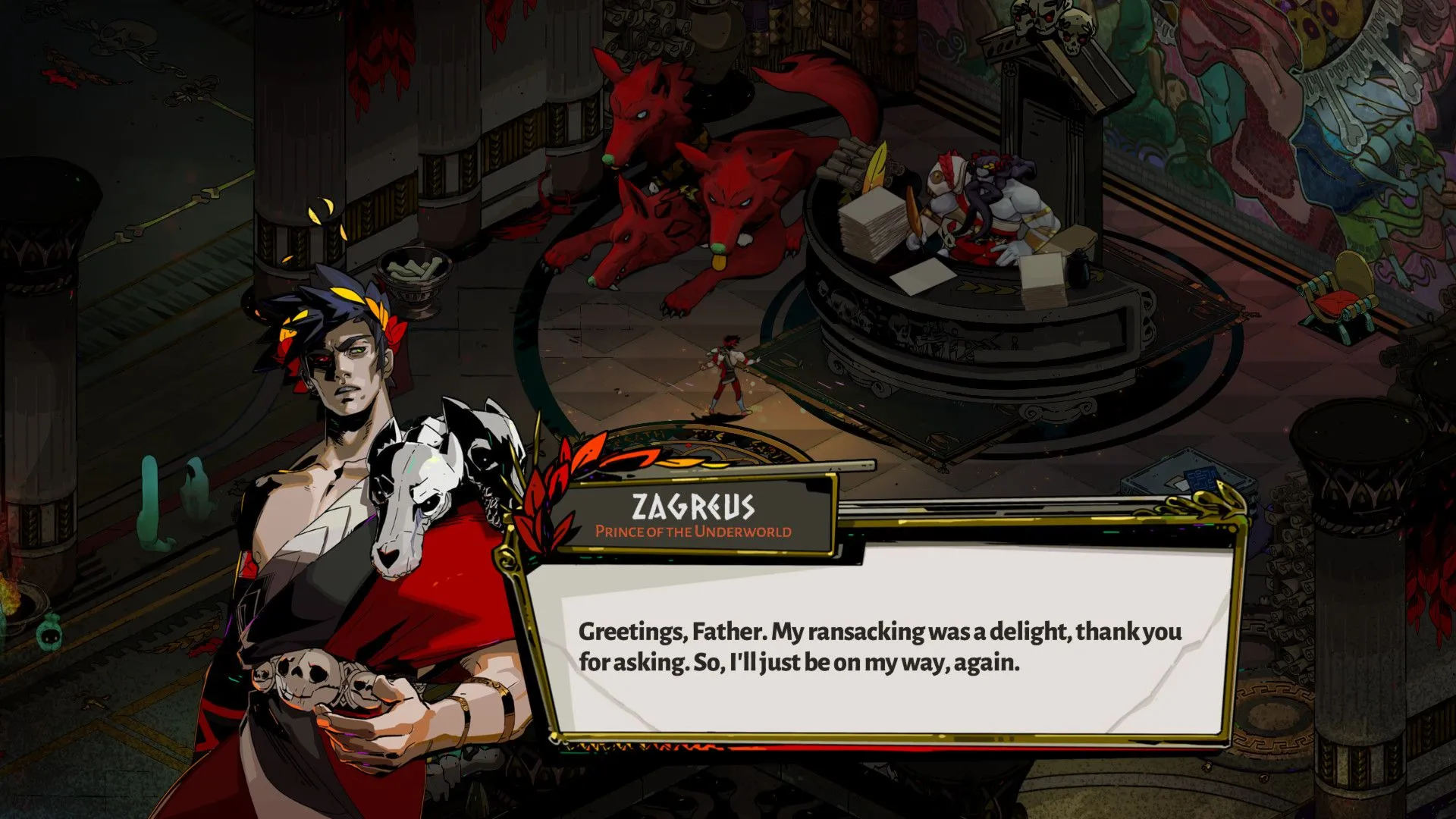 Cảnh đối thoại giữa Zagreus và nhân vật Thanatos trong sảnh lớn của Hades.