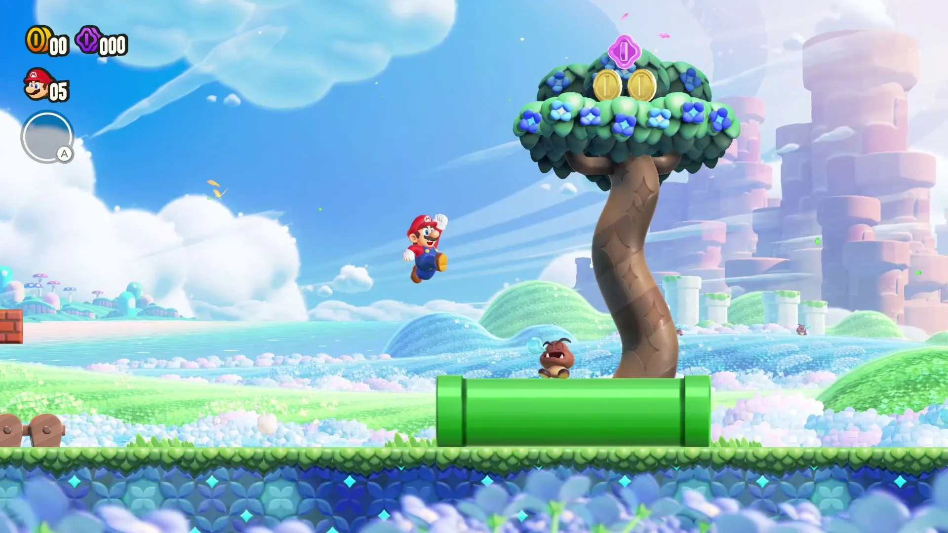 Cảnh gameplay từ Super Mario Bros. Wonder với Mario và bạn bè trong môi trường 3D nhưng di chuyển 2D.