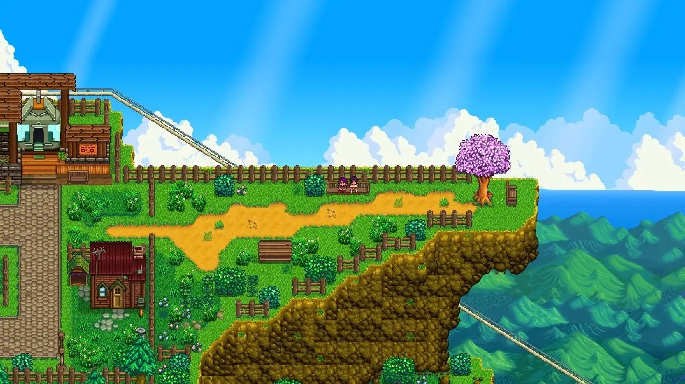 Cảnh quan Ridgeside Village với quảng trường trên núi cao, có cáp treo dẫn lên, mang đến vùng đất mới cho Stardew Valley