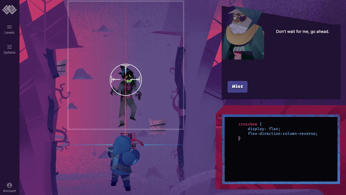 Cảnh trong game Flexbox Zombies, nhân vật nhắm bắn zombie bằng cách viết code CSS Flexbox.