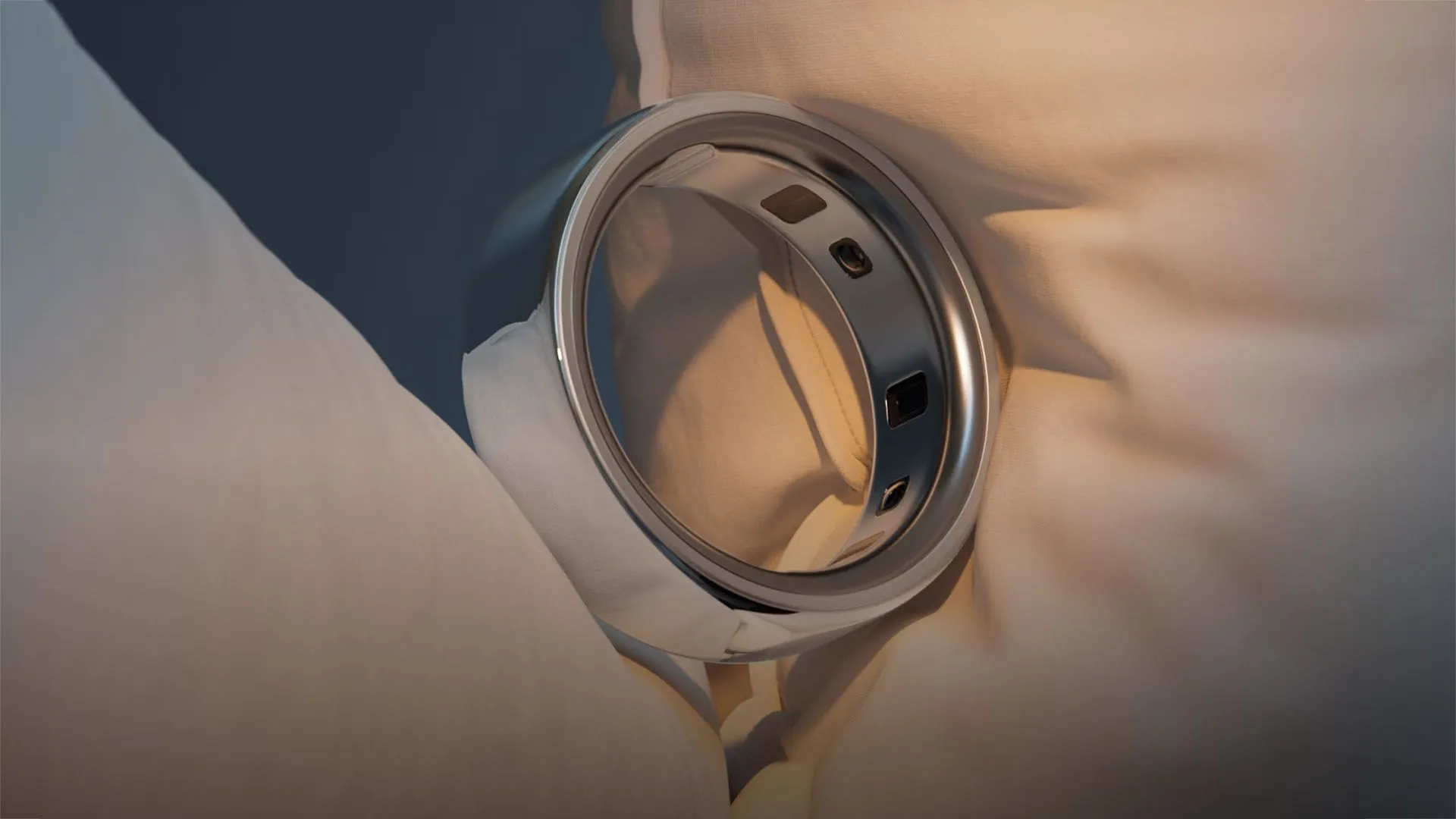 Chiếc nhẫn Oura Ring trên gối, thiết bị hỗ trợ theo dõi giấc ngủ tương thích với ứng dụng Rise
