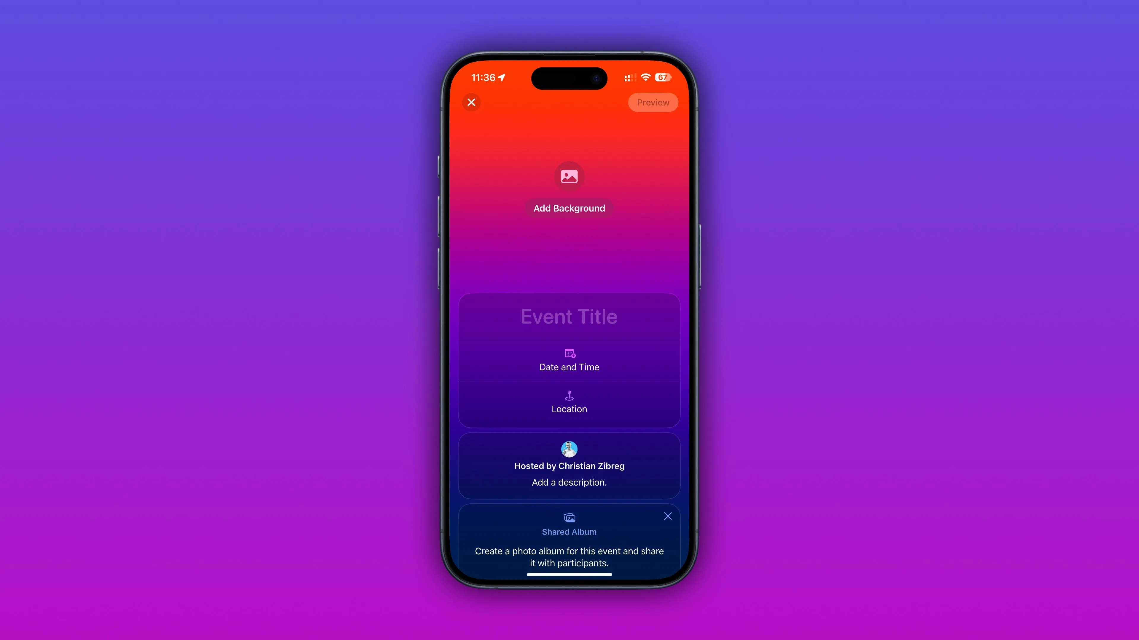 Chỉnh sửa mẫu lời mời sự kiện trống trong ứng dụng Apple Invites trên iPhone.