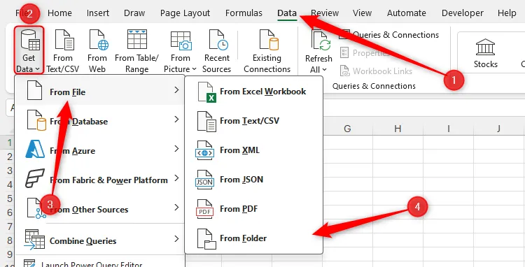 Chọn From Folder (Từ Thư mục) trong menu Get Data (Lấy Dữ liệu) trên tab Data của Excel, bước đầu để sử dụng Power Query.