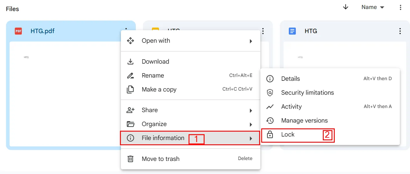 Chọn &quot;Khóa&quot; trong phần &quot;Thông tin tệp&quot; để chặn chỉnh sửa cho tài liệu Google Drive