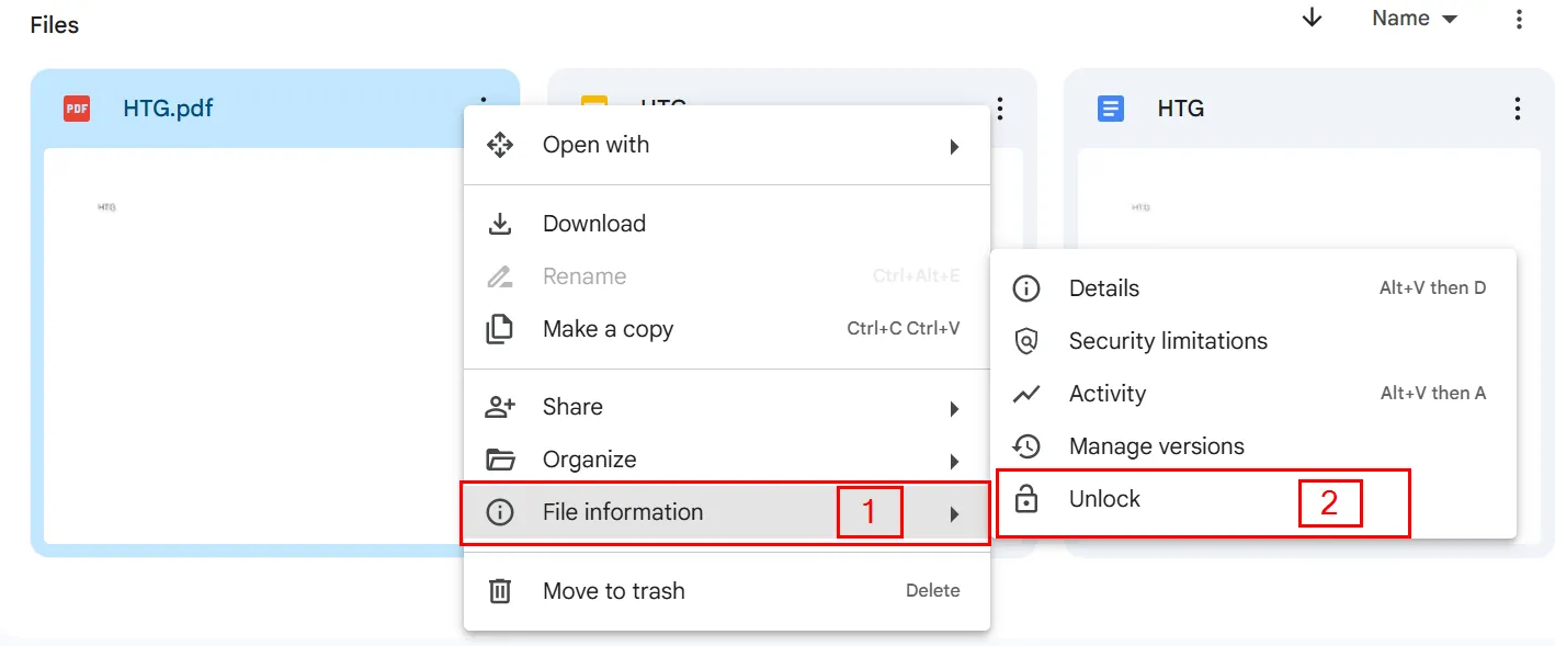 Chọn &quot;Mở khóa&quot; trong menu thông tin tệp để cho phép chỉnh sửa lại tài liệu Google Drive