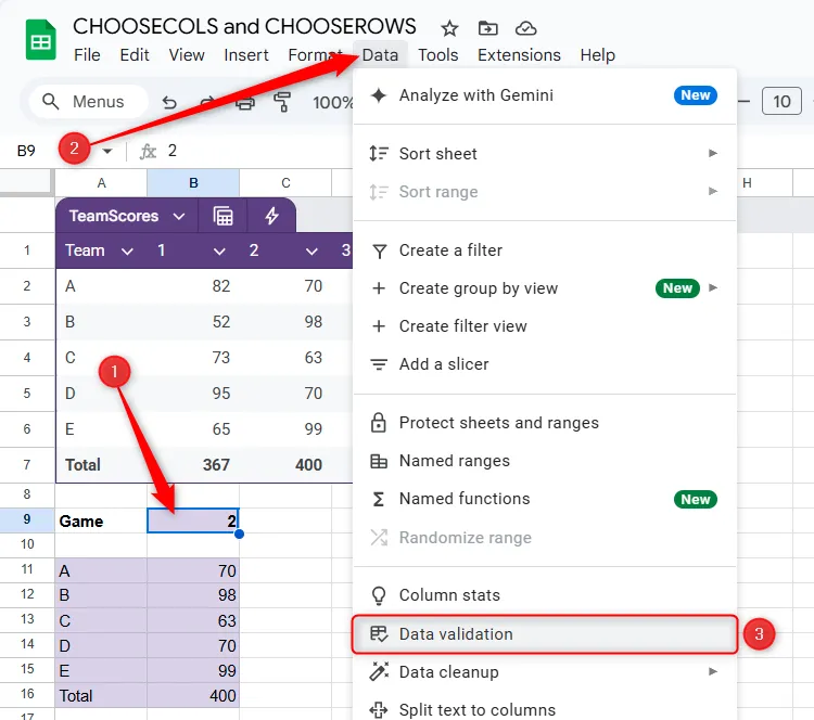 Chọn ô B9 và mở tùy chọn &quot;Xác thực dữ liệu&quot; từ tab &quot;Dữ liệu&quot; trong Google Sheets.