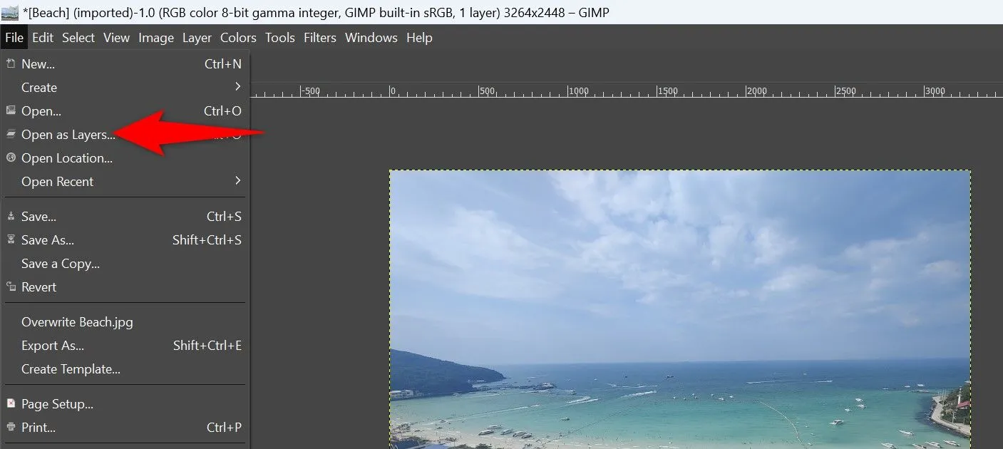 Chọn &quot;Open as Layers&quot; để thêm ảnh watermark trong GIMP