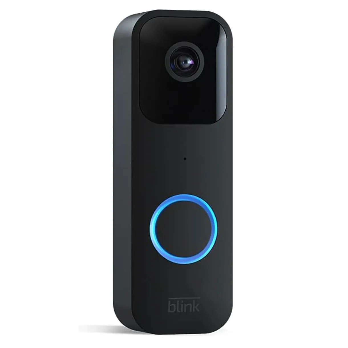 Chuông cửa thông minh Blink Video Doorbell màu đen gắn ở cửa, cung cấp giải pháp an ninh hiệu quả cho ngôi nhà.