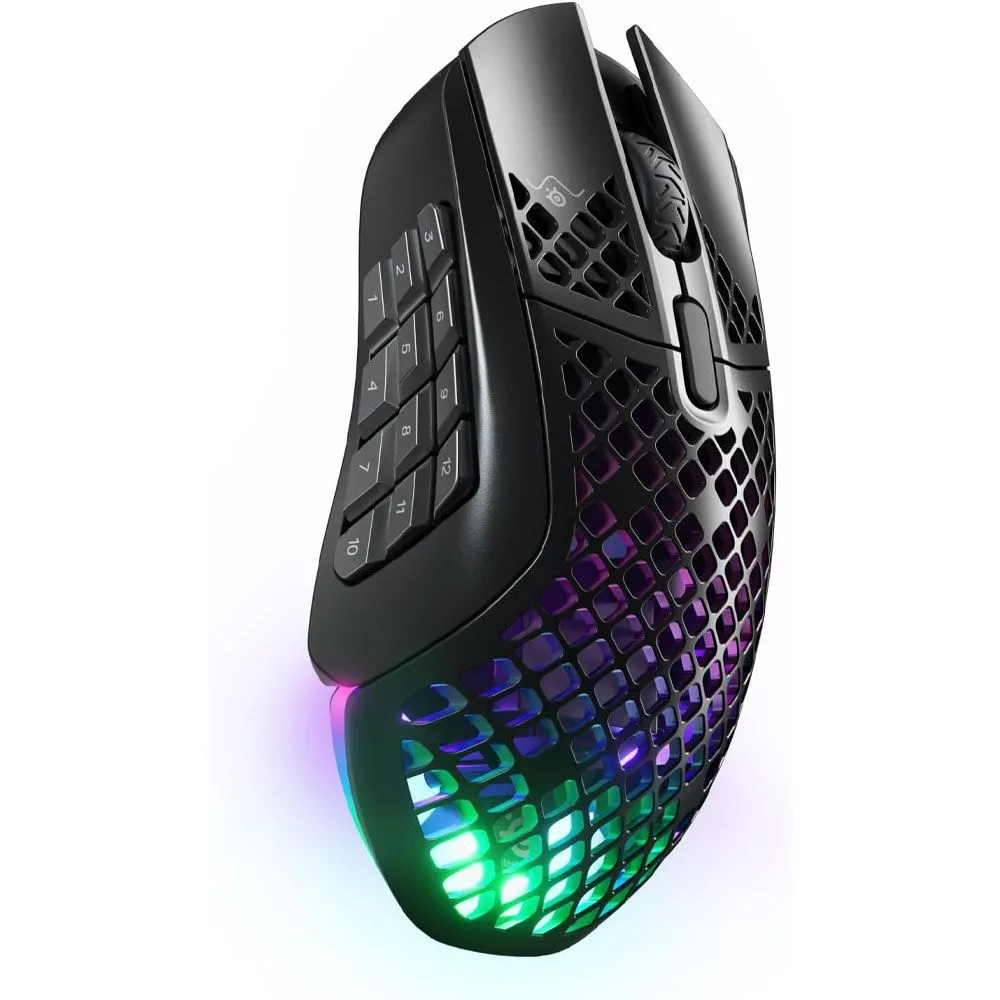 Chuột gaming không dây SteelSeries Aerox 9 Wireless với thiết kế tổ ong siêu nhẹ và 12 nút lập trình, tối ưu cho game thủ MMO và FPS