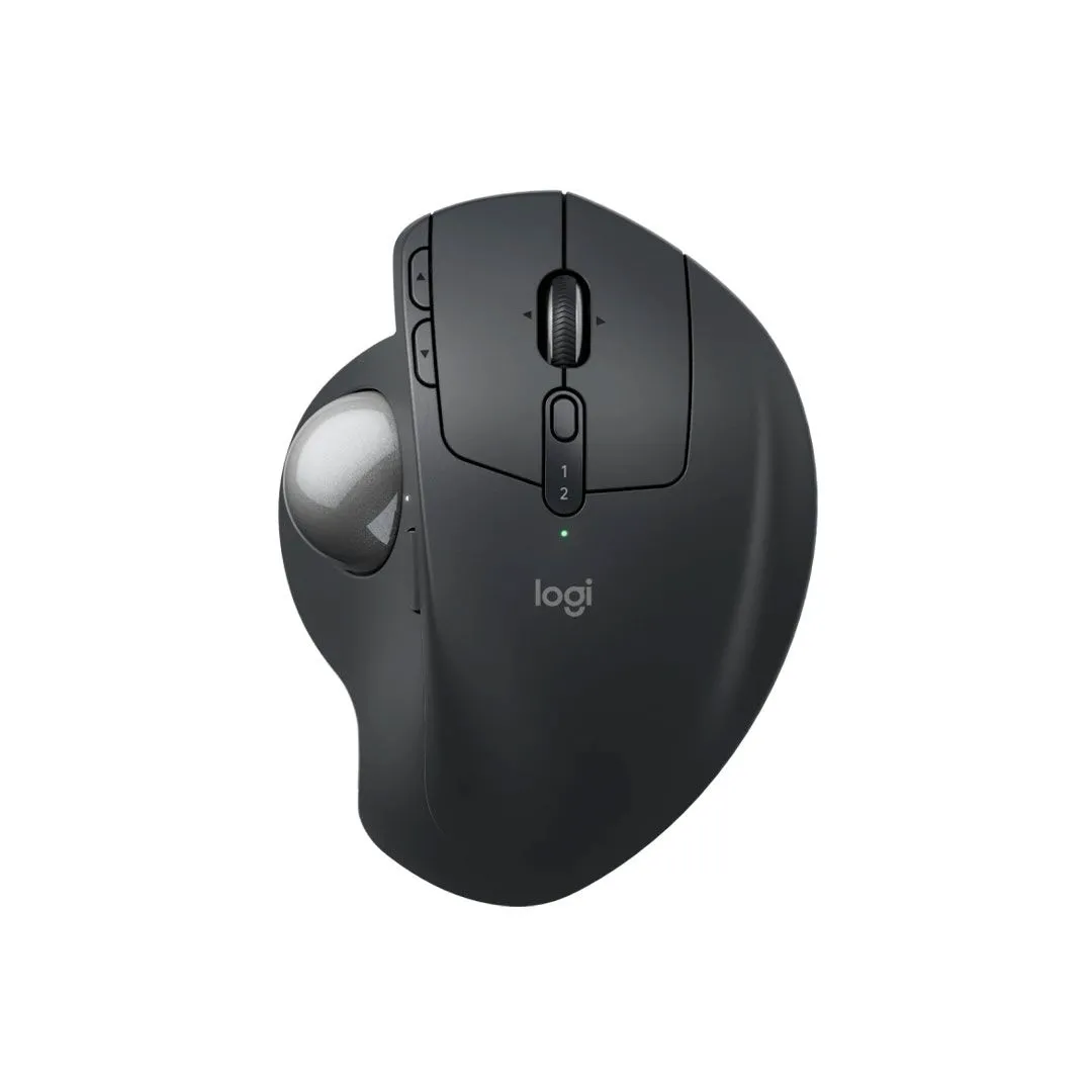 Chuột trackball Logitech MX Ergo S màu đen trên nền trắng, nổi bật thiết kế công thái học và bi lăn ngón cái