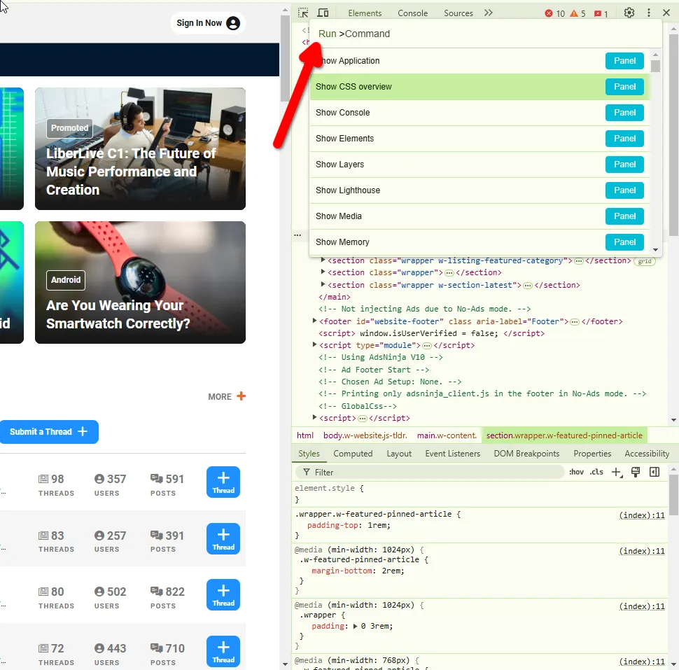 Chụp ảnh màn hình toàn trang trong Chrome DevTools bằng lệnh &quot;Capture full size screenshot&quot;.