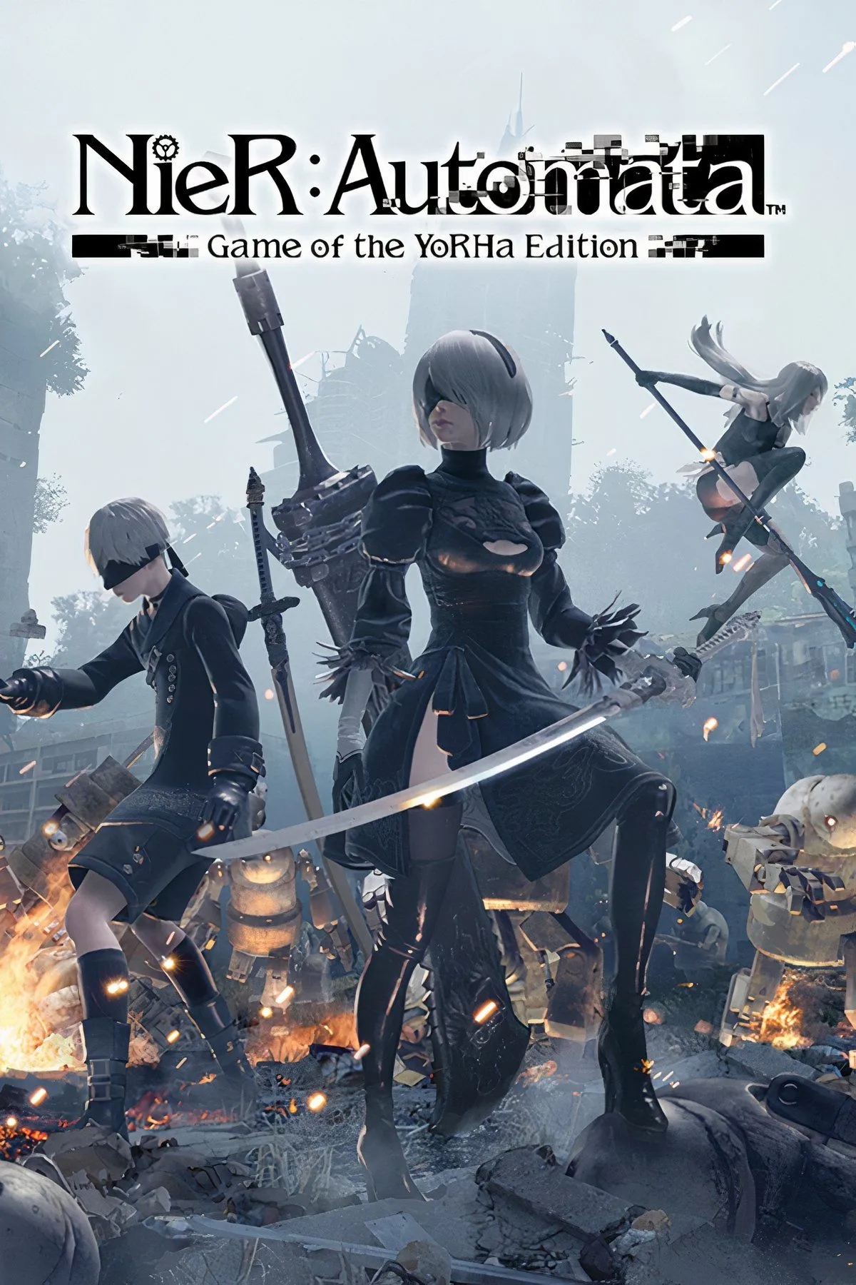 Collage các nhân vật chính và hình ảnh biểu tượng của NieR Automata.