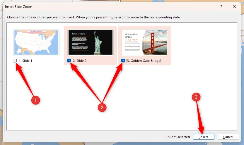 Công cụ Insert Slide Zoom trong PowerPoint với các slide chi tiết được chọn và nút Insert được đánh dấu