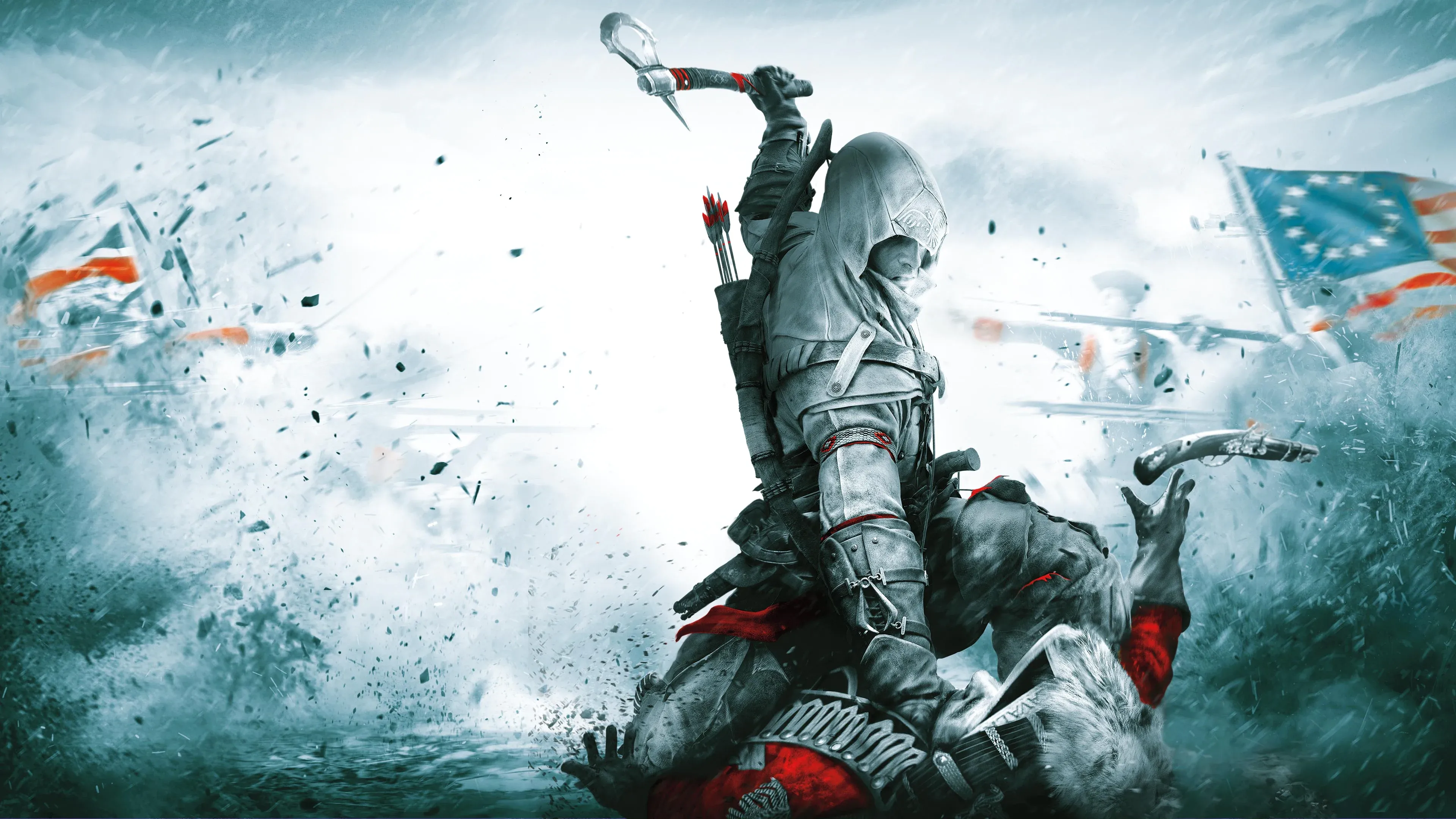 Connor Kenway trong trang phục sát thủ, giữa khu rừng tuyết trong Assassin's Creed III