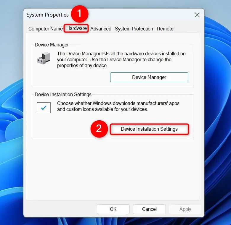 Cửa sổ cài đặt trình điều khiển thiết bị trong Windows 11