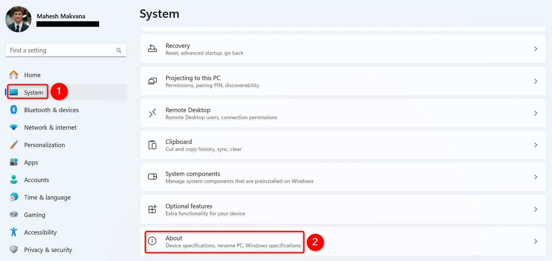 Cửa sổ cài đặt Windows 11 hiển thị mục Giới thiệu máy tính